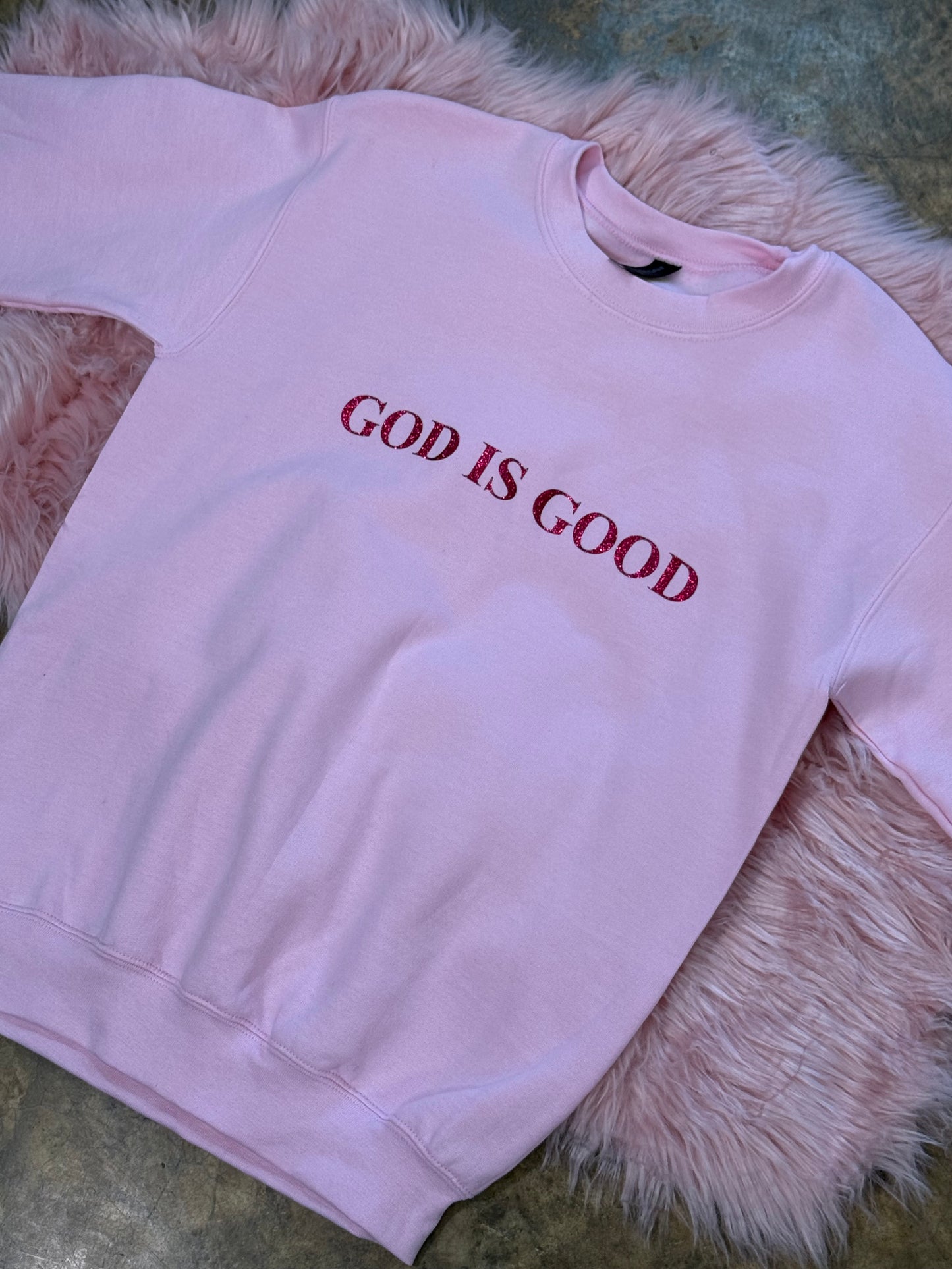 “God Is Good” Pink Glitter Crewneck