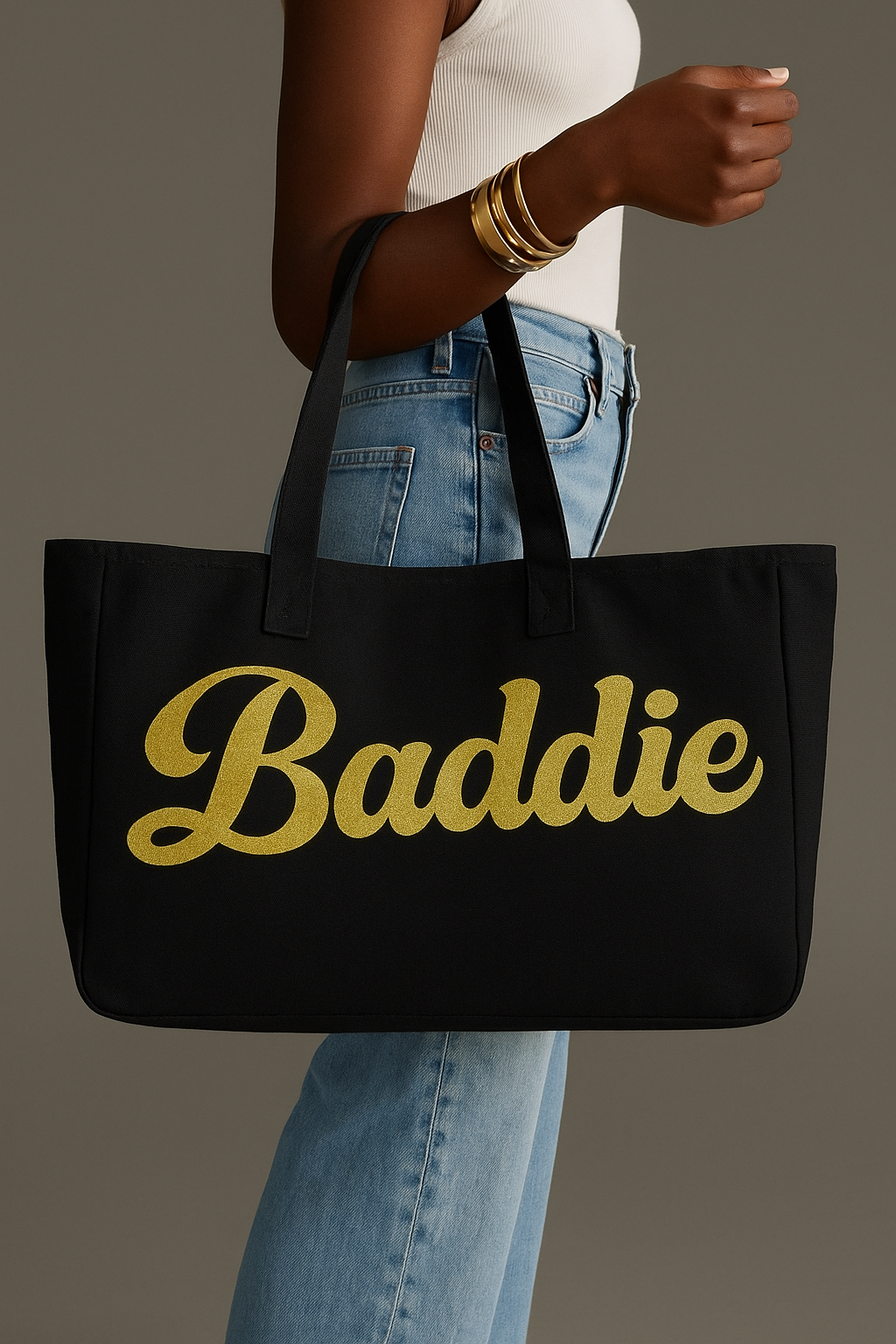 ✨ Baddie Glitter Tote Bag – Black Canvas