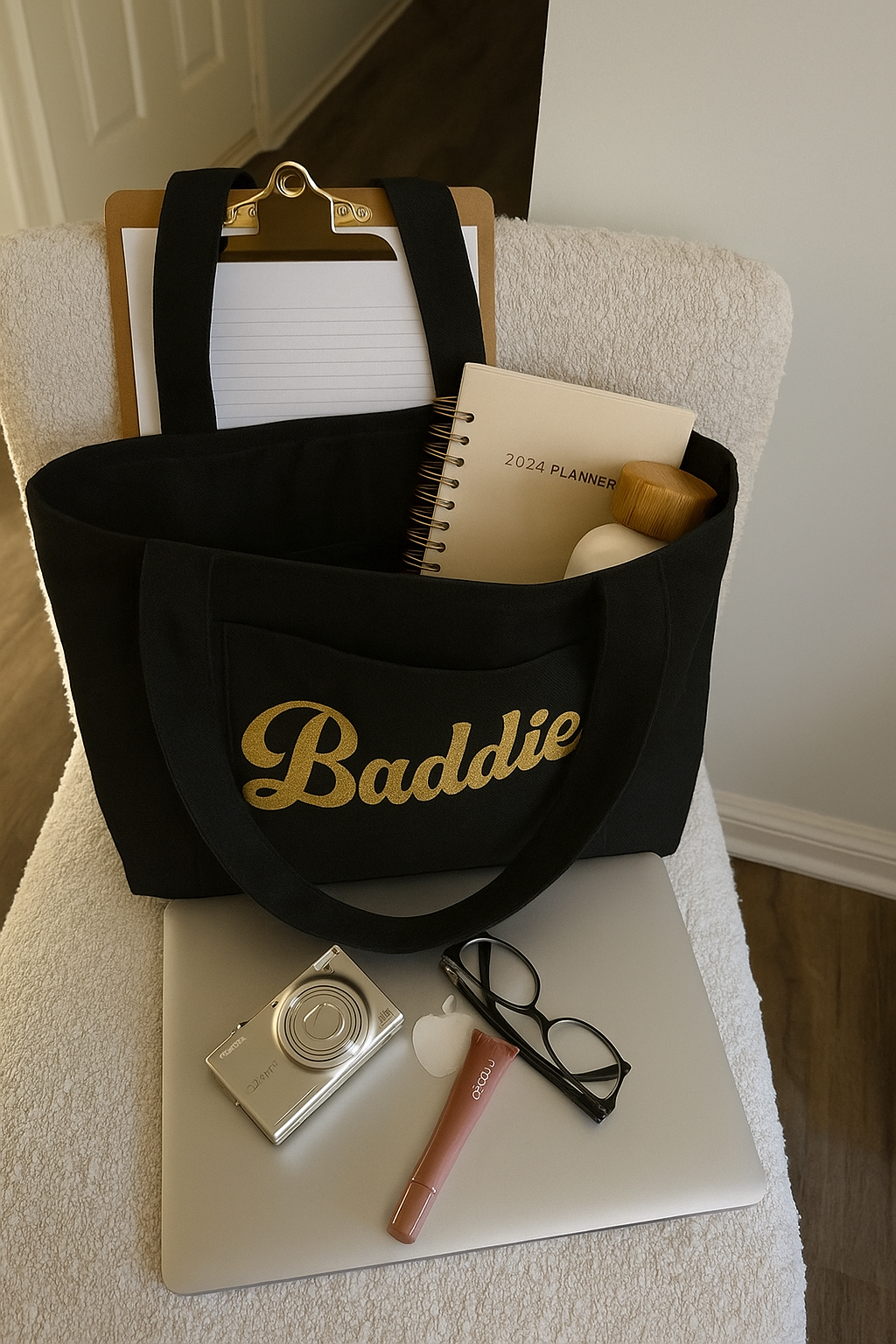 ✨ Baddie Glitter Tote Bag – Black Canvas