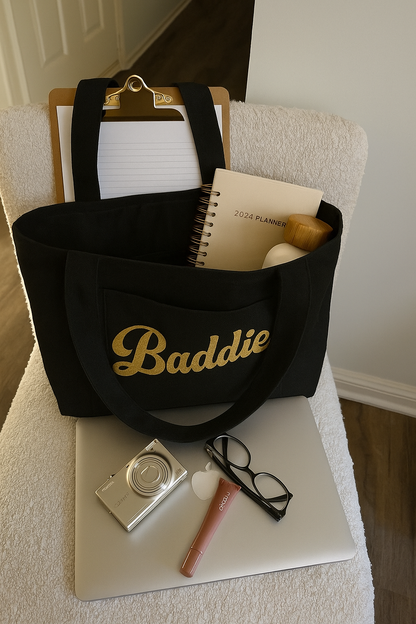 ✨ Baddie Glitter Tote Bag – Black Canvas