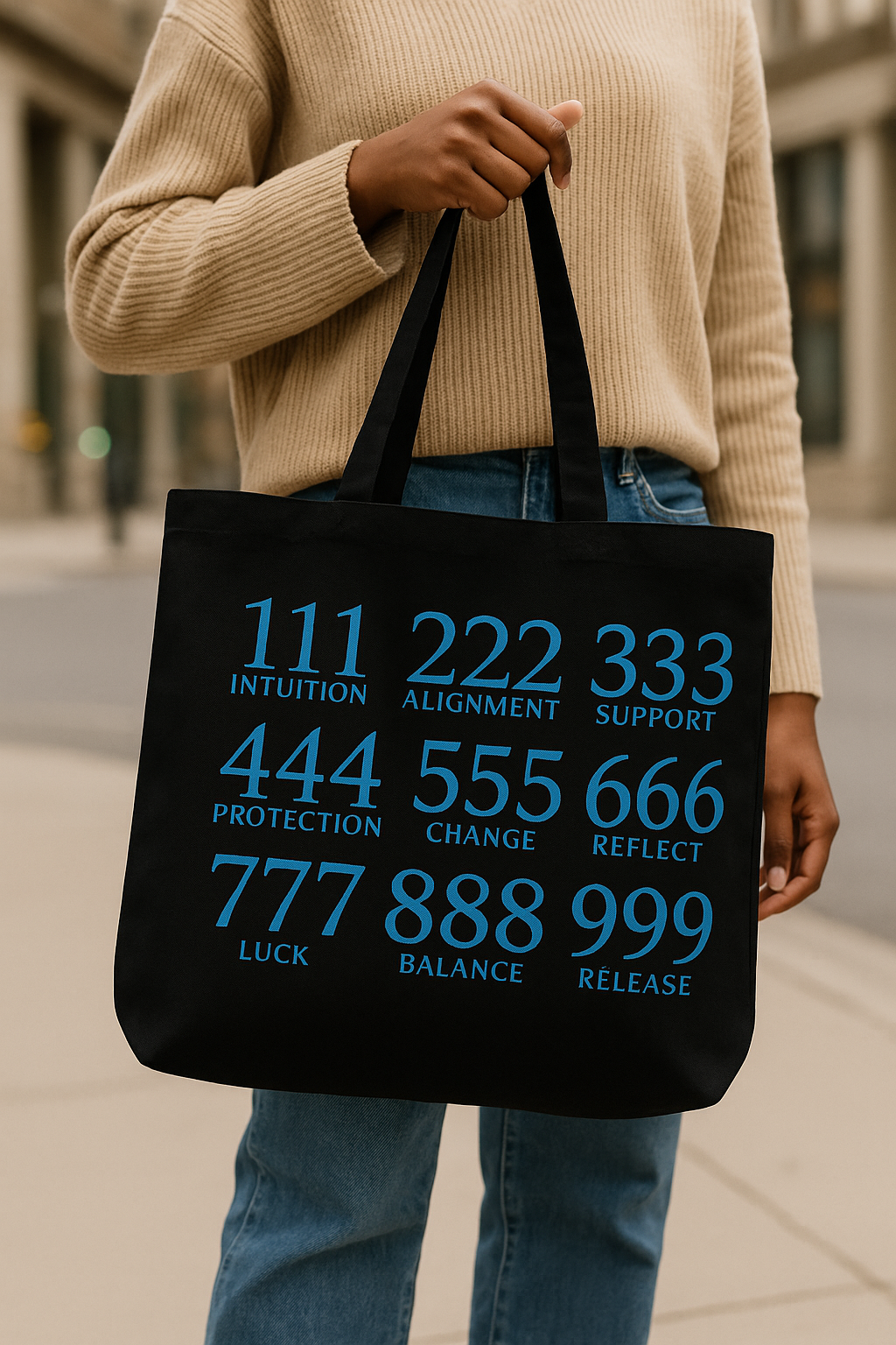 💙 Angel Numbers Tote Bag – Black Canvas (Spiritual Meaning Tote)