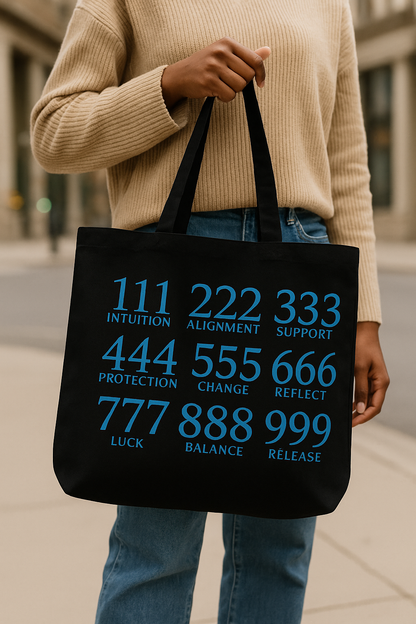 💙 Angel Numbers Tote Bag – Black Canvas (Spiritual Meaning Tote)