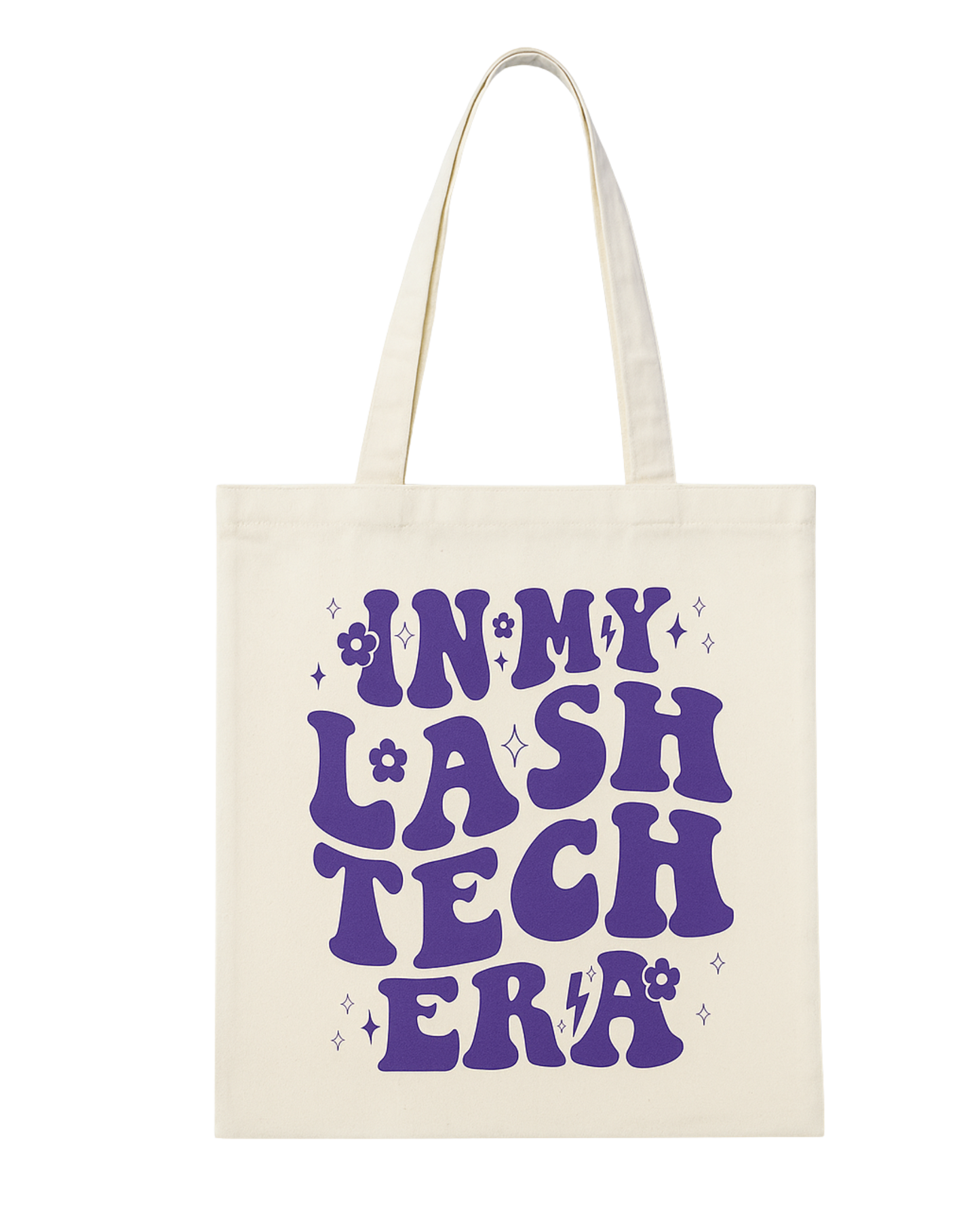 Tote bag with 'IN MY LASH TECH ERA' text in purple on a white background