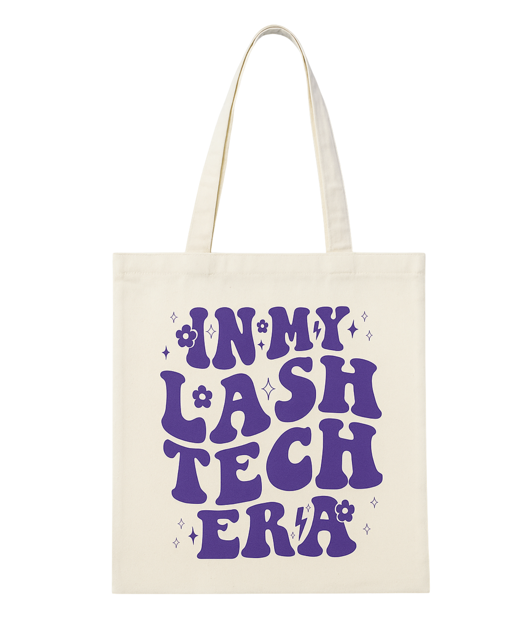 Tote bag with 'IN MY LASH TECH ERA' text in purple on a white background