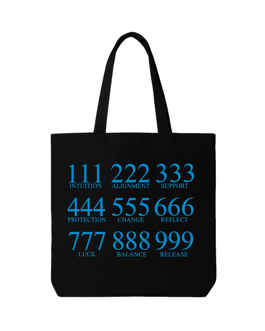 💙 Angel Numbers Tote Bag – Black Canvas (Spiritual Meaning Tote)