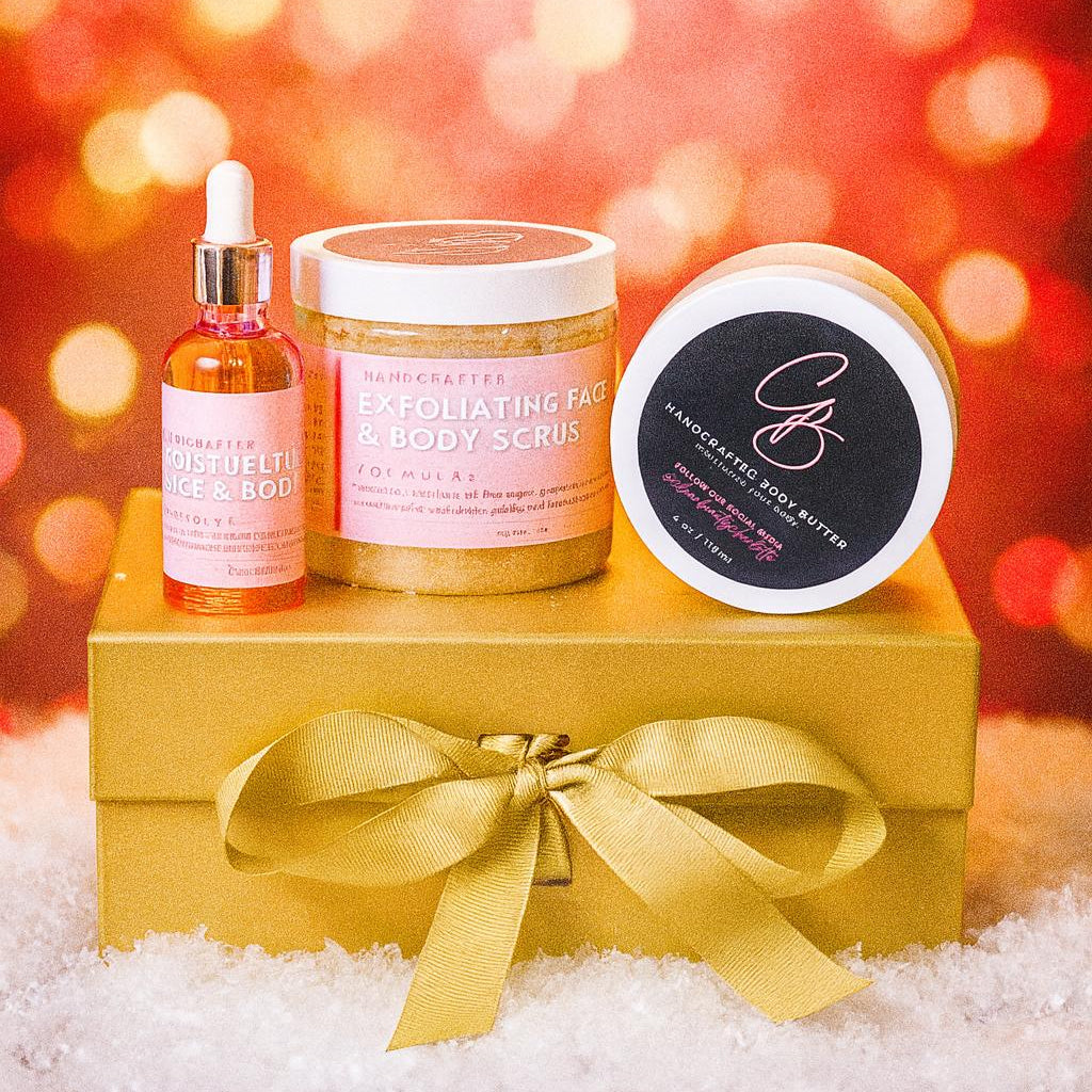 Beauty product set with a bottle, jar, and round container on a gold box against a blurred red and orange background.