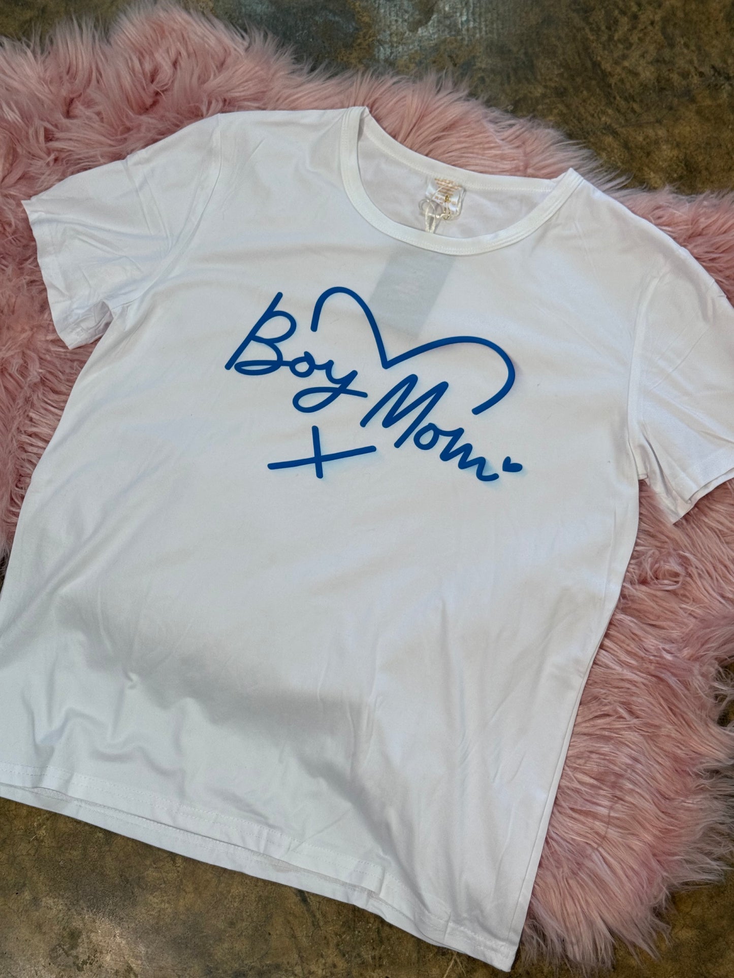 “Boy Mom” Heart Tee — White + Royal Blue
