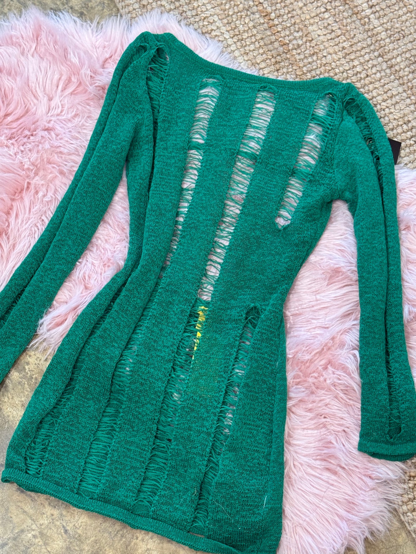 Emerald Shredded Knit Bodycon Dress